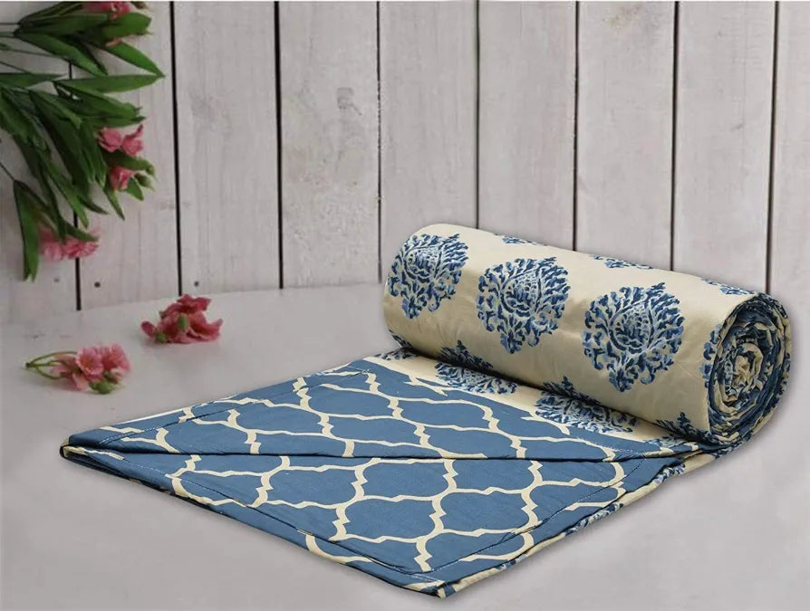 Trance Home Linen 100% Cotton Malmal Double Dohar 84"X90" Colour Damask Blue