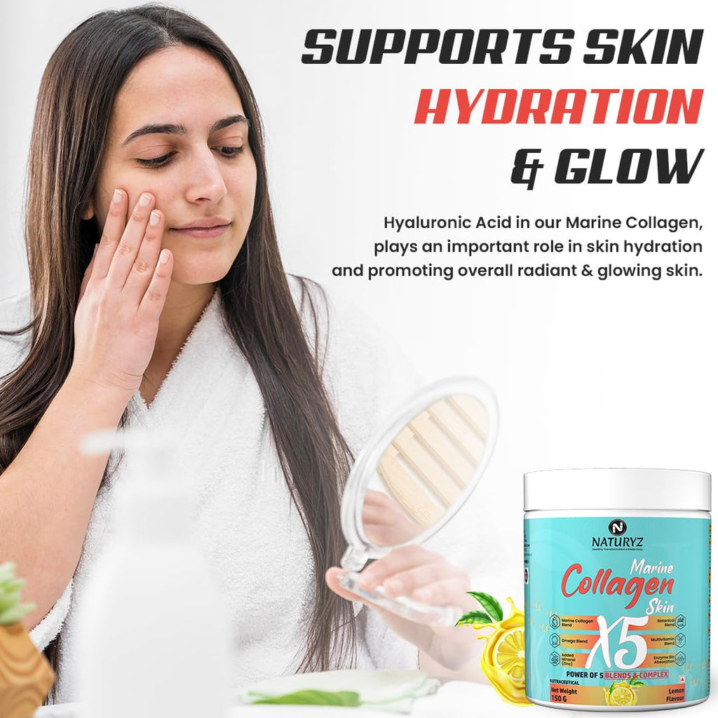 NATURYZ Marine Collagen Skin X5 for Women & Men | Premium Collagen Peptides | Power of 5 Blends | Hyaluronic acid, Biotin & Vitamin E | Supports Skin Radiance, Healthy Hair, Nails, Bone & Joints â€“ 150g(Lemon Flavour)