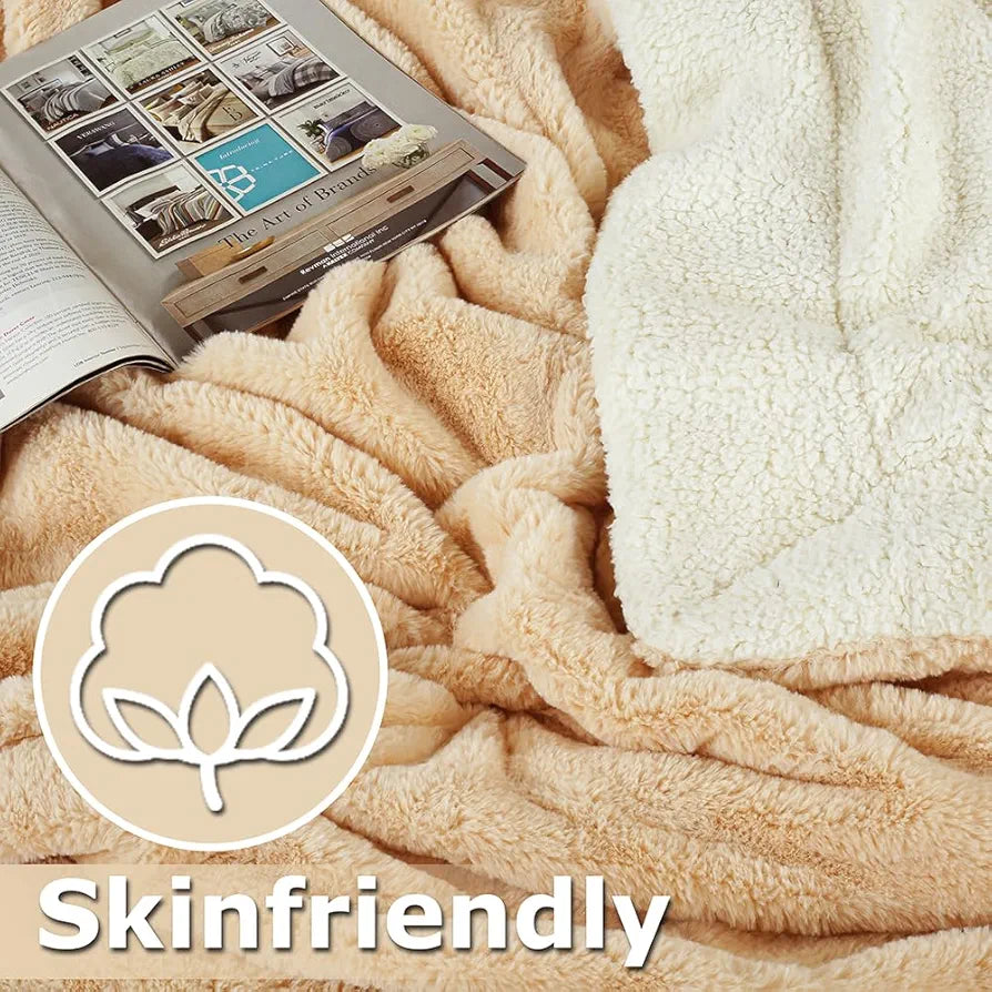 Homekart Faux Rabbit Fur with Sherpa Luxurious Soft Fluffy Cozy Fuzzy Warm Reversible Blanket for Single Size Bed Blanket Color Beige