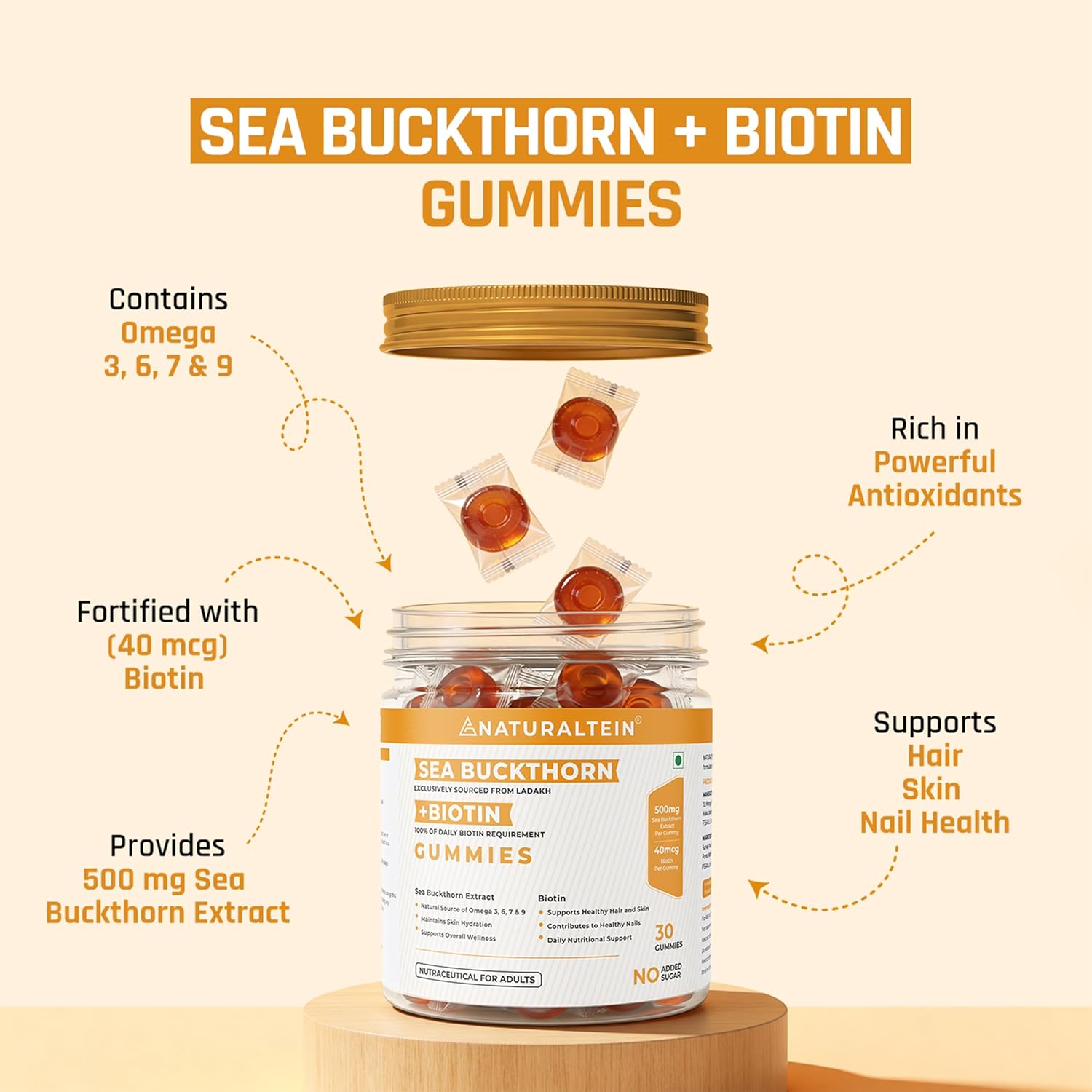 Naturaltein Sea Buckthorn Gummies with Biotin | 30 Gummies | Rich in Vitamin C, A, E & B-Complex | Naturally Occurring Antioxidants, Minerals & Amino Acids | Omega 3, 6, 7 & 9 | 500mg Extract + 40mcg Biotin | Supports Hair, Skin & Nails | No Added Sugar