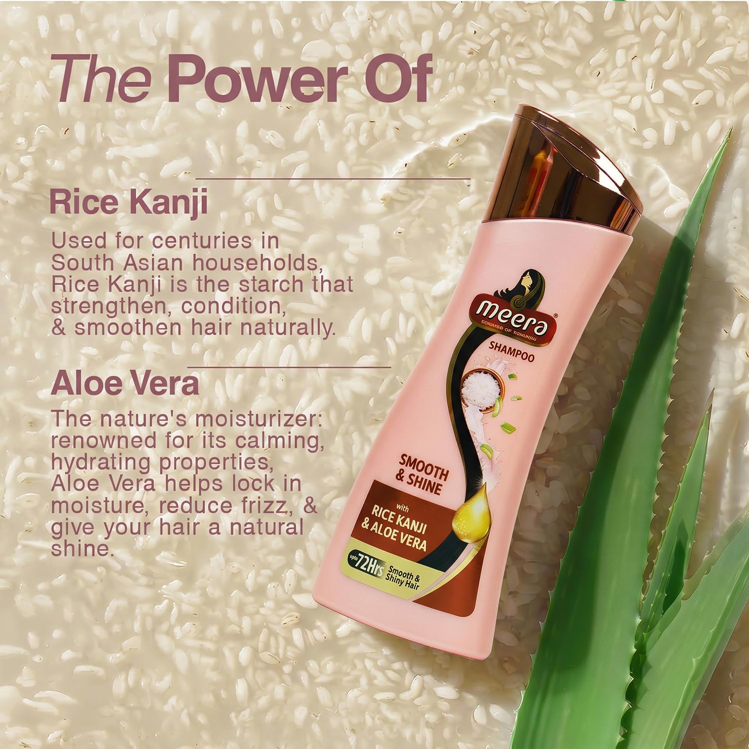 Meera Smooth & Shine Shampoo with Rice Kanji & Aloe Vera | Up to 72 Hours Smooth & Shiny Hair | Nourishes & Softens Hair | Suitable for Men & Women | 180ml