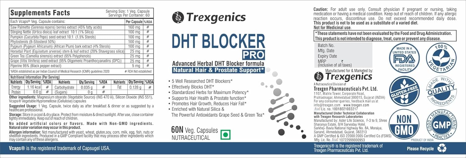 Trexgenics DHT BLOCKER PRO formula with standardized herbs Hair Fall, Prostate Health Support VEGAN & NON-GMO (60 Veg. Capsules) (Pack of 1)