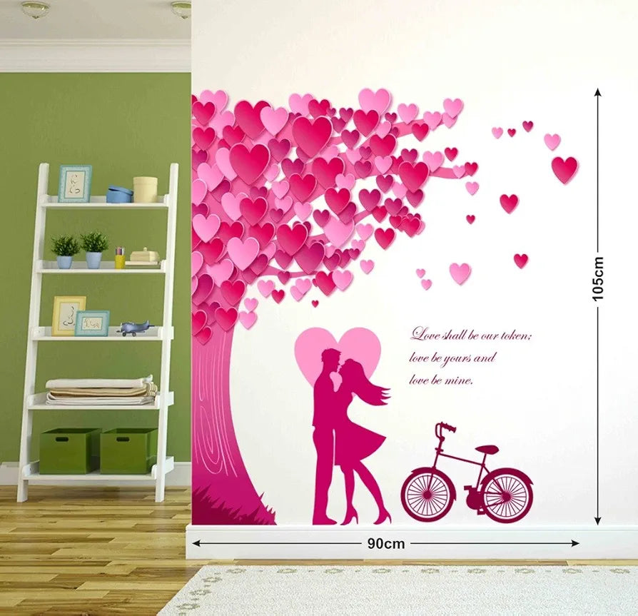 Decals Design Romantic Couple Under The Heart Leaves Tree and Love Quote with Bicycle Wall Sticker