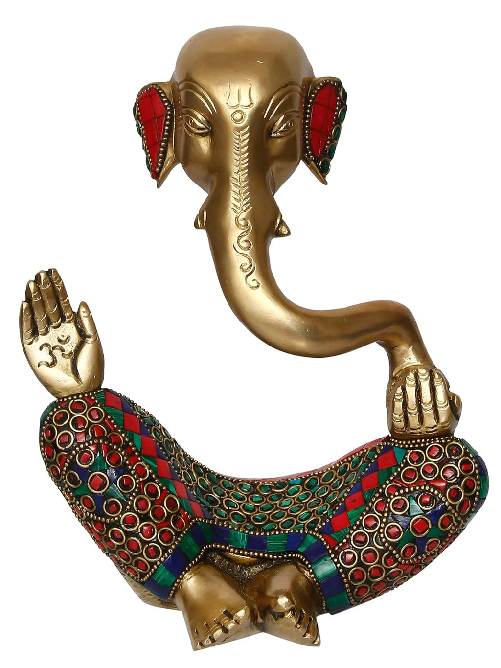 Ecraftindia Handcrafted Meditating Brass Lord Ganesha Idol With Golden Colorful Stone Work | Spiritual Ganesha Statue for Puja Room