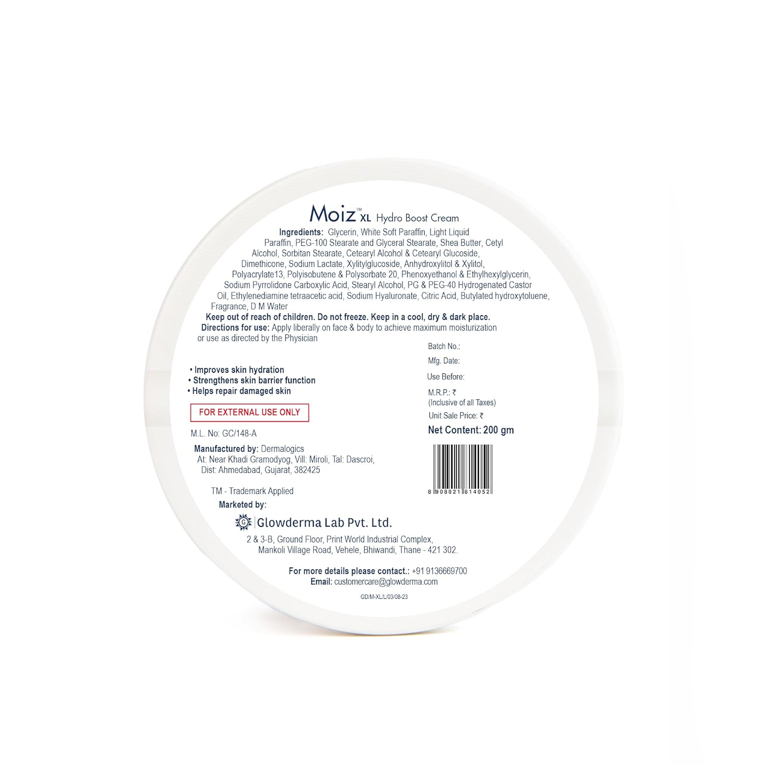 Moiz XL Hydro Boost Face & Body Cream | For Dry to Very Dry Skin | Formulated with 13 Moisturizers | Paraben Free & Cruelty-Free - 200gm