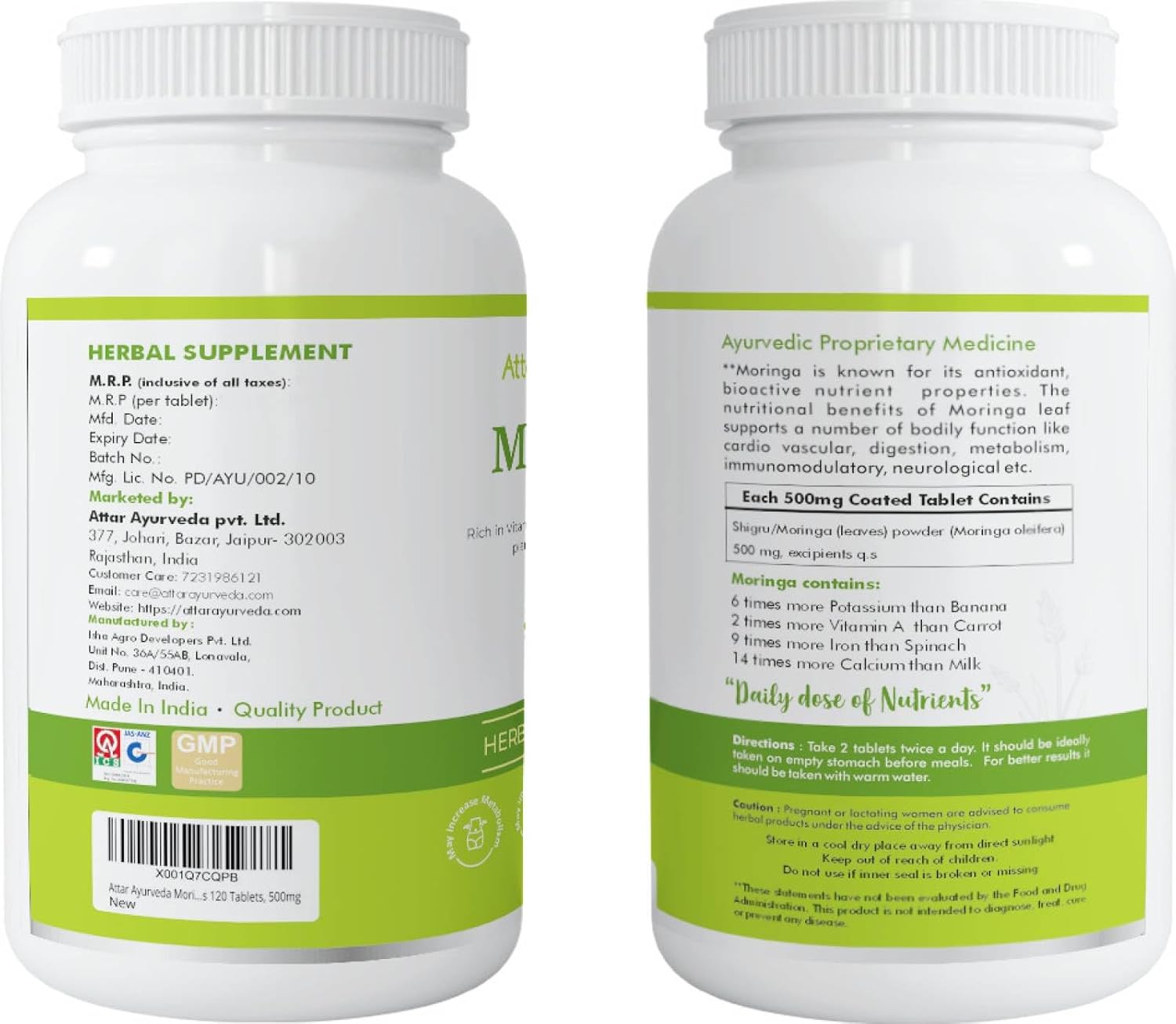 Attar Ayurveda Moringa Tablets 120 Tablets, 500 mg each | Drumstick Leaf Tablets | Pure and Natural, Highly Nutritious