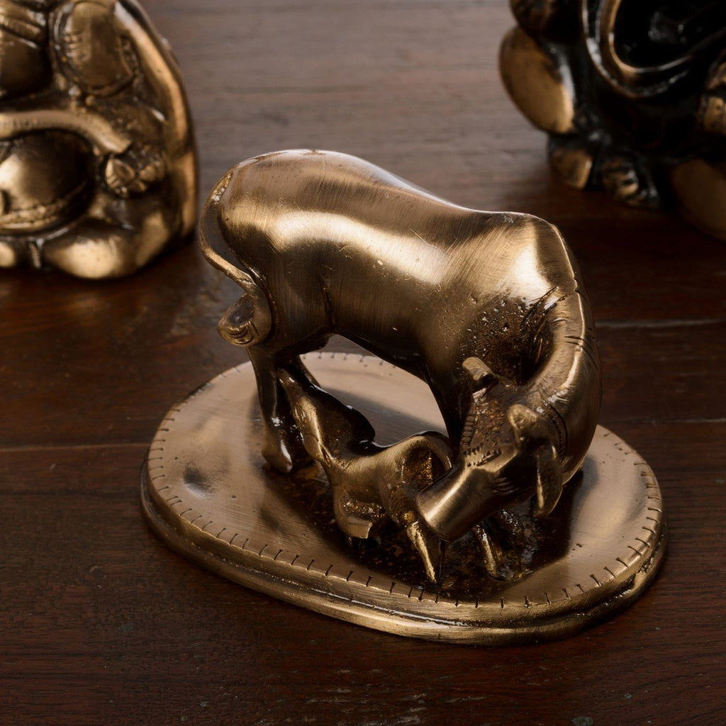 Ecraftindia Kamdhenu Cow and Calf Sculpture Brass Showpiece | Brown