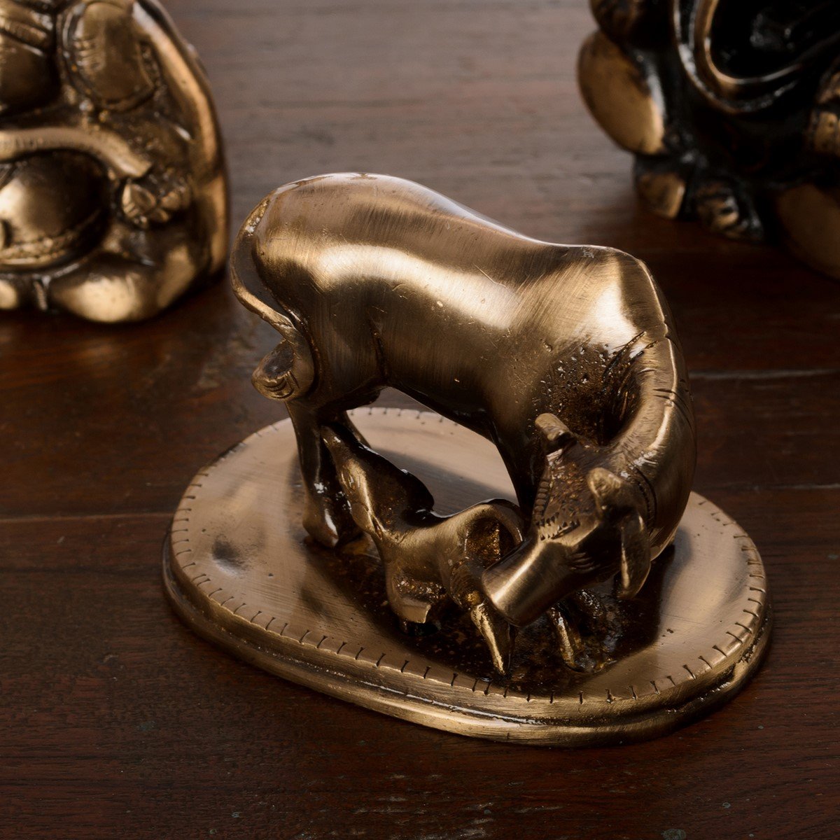 Ecraftindia Kamdhenu Cow and Calf Sculpture Brass Showpiece | Brown