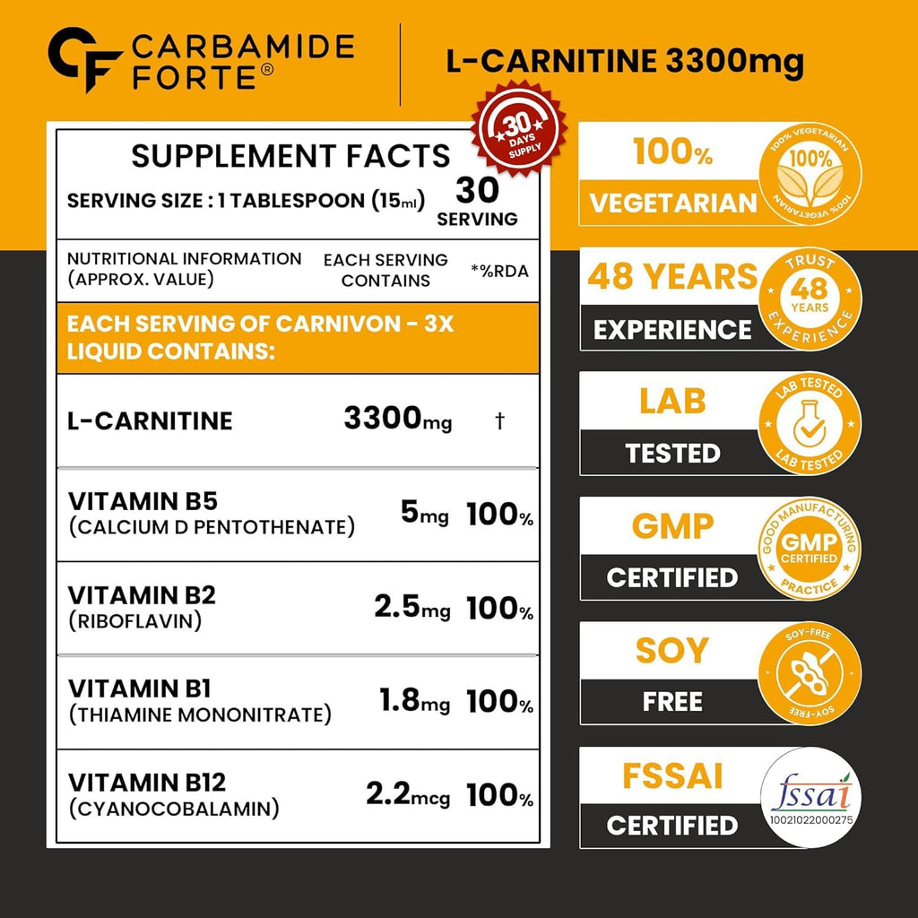 Carbamide Forte L Carnitine Liquid 3300mg | L-Carnitine Liquid With Vitamins | L'Carnitine Supplement For Pre & Post Workout To Suppoer Energy, Recovery & Metobolism | Mango Flavor - 450ml