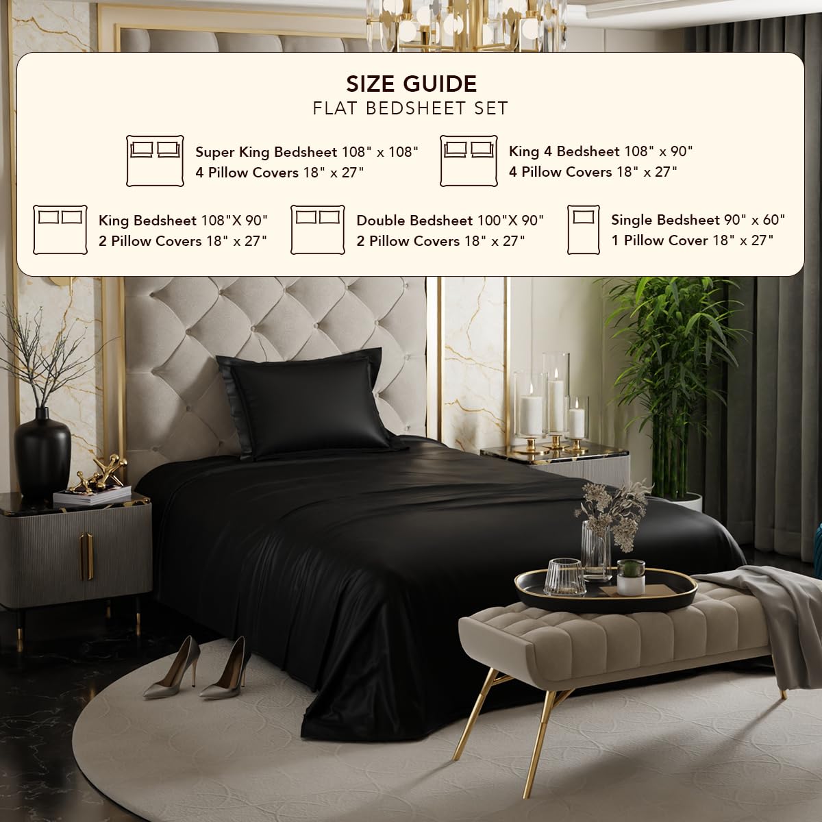 Stoa Paris Satin Bedsheets for Single Bed 300TC Premium Bedsheet with 1 Pillow Cover Colour Midnight Black