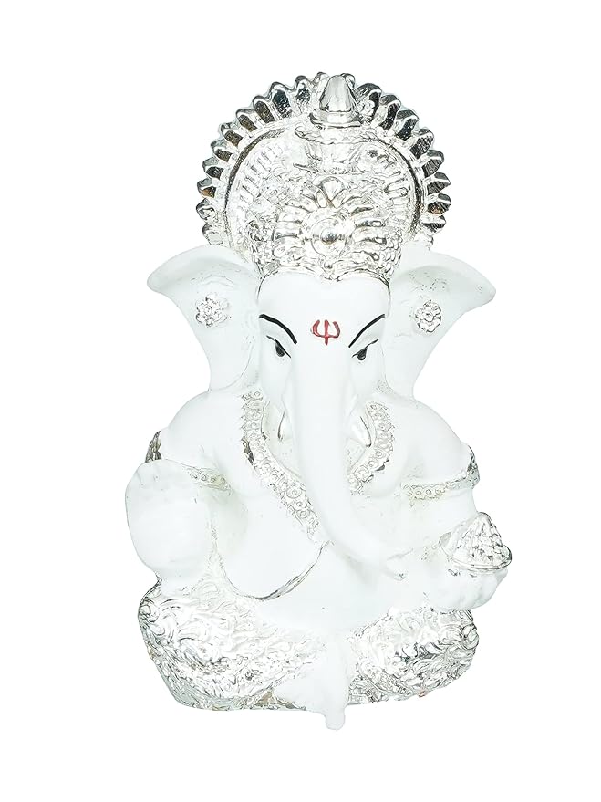 Ecraftindia Silver White Resin Lord Ganesha Idol for Home Decor Office Car Dashboard | Ganesha Statue