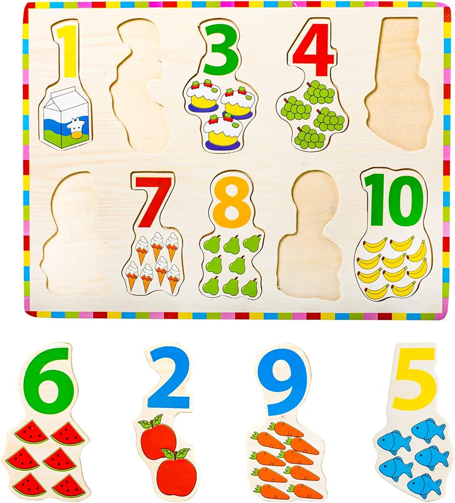 Wishkey Number Board Puzzle Toy with Illustrations, Montessori for Pre-Schooler Kids, Wooden Educational Puzzles