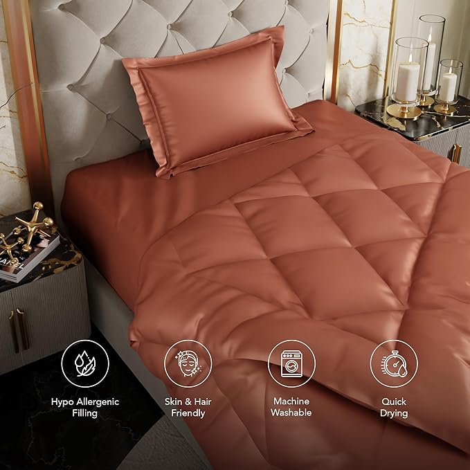 Stoa Paris Satin Comforter Single Bed with 300 TC One Pillow Cover Melted Caramel