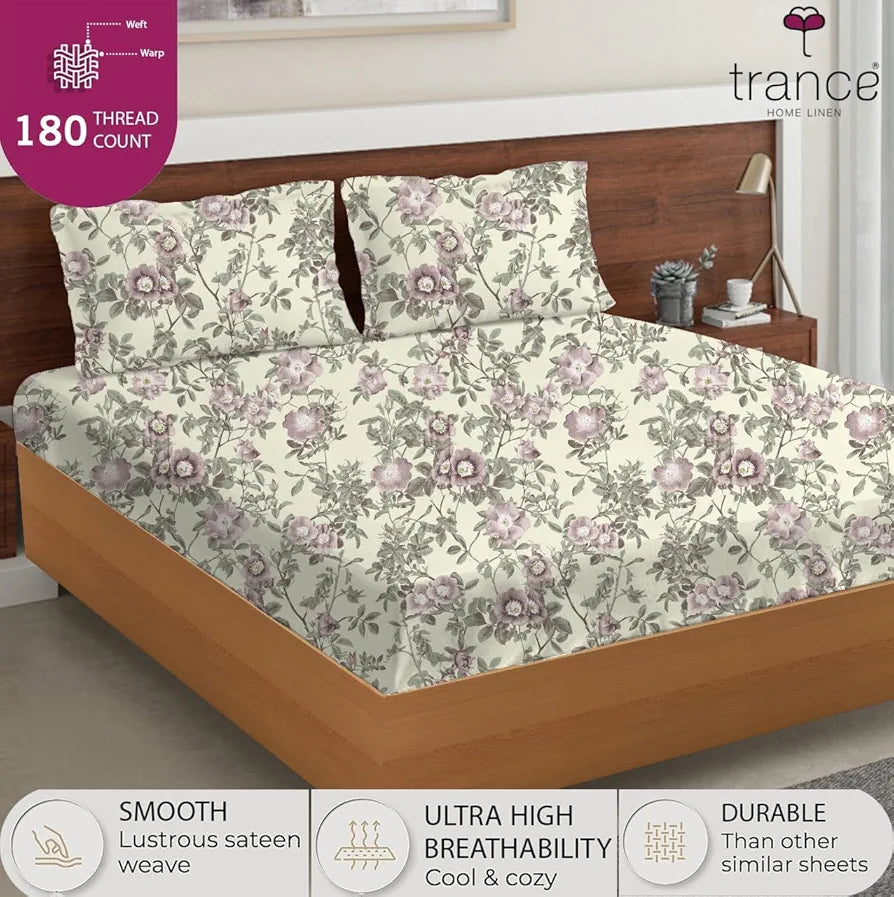 Trance Home Linen Skin Friendly 100% Cotton Printed Fitted Bedsheet for Queen Size Bed with 2 Pillow Cover Premium 180TC Colour Lilac Splendor