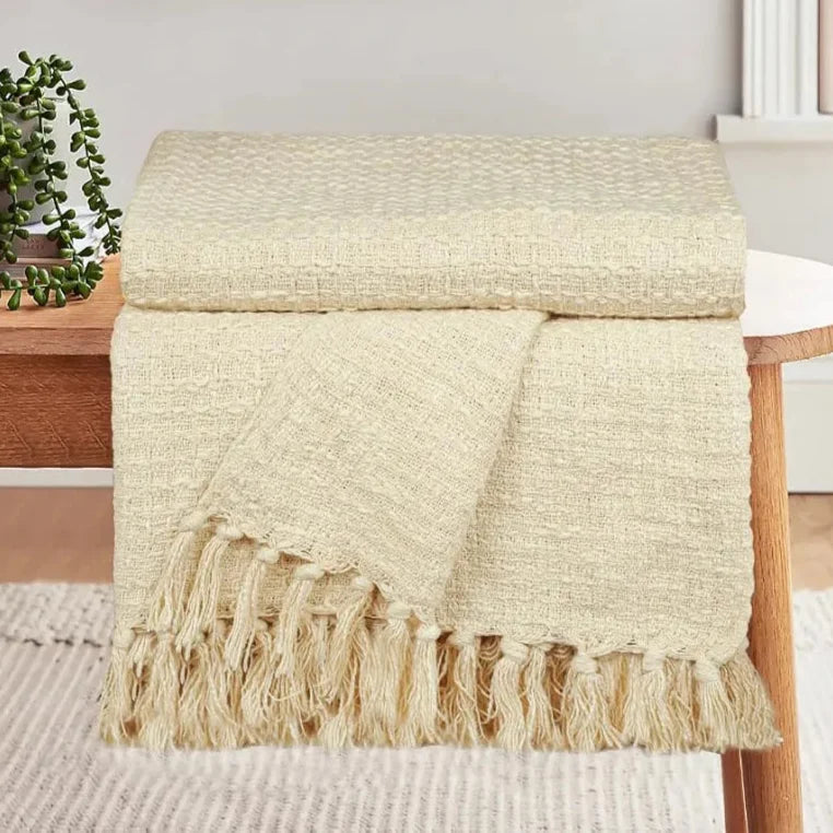 Homadorn Waffle 100% Cotton Throw Blanket Colour Off White