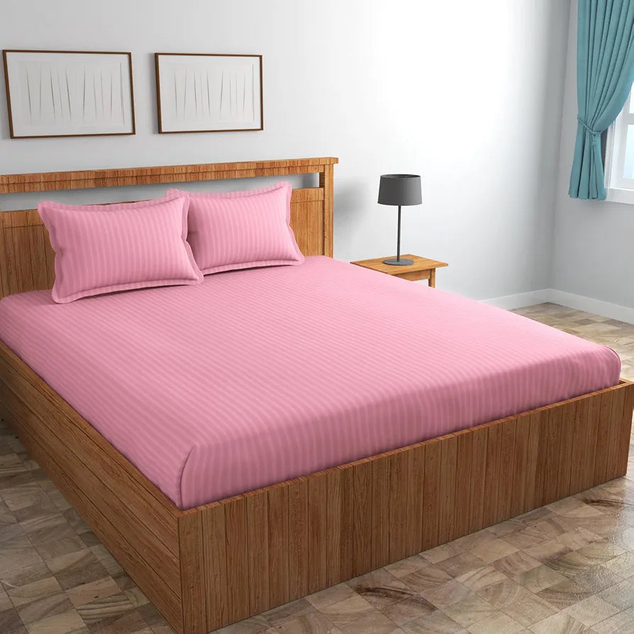 Homefab India 160 TC Stripe Cotton Feel Glace Cotton Elastic Fitted King Size Double Bed Bedsheet with 2 Pillow Covers Fits Upto 6 inches Mattress Baby Pink