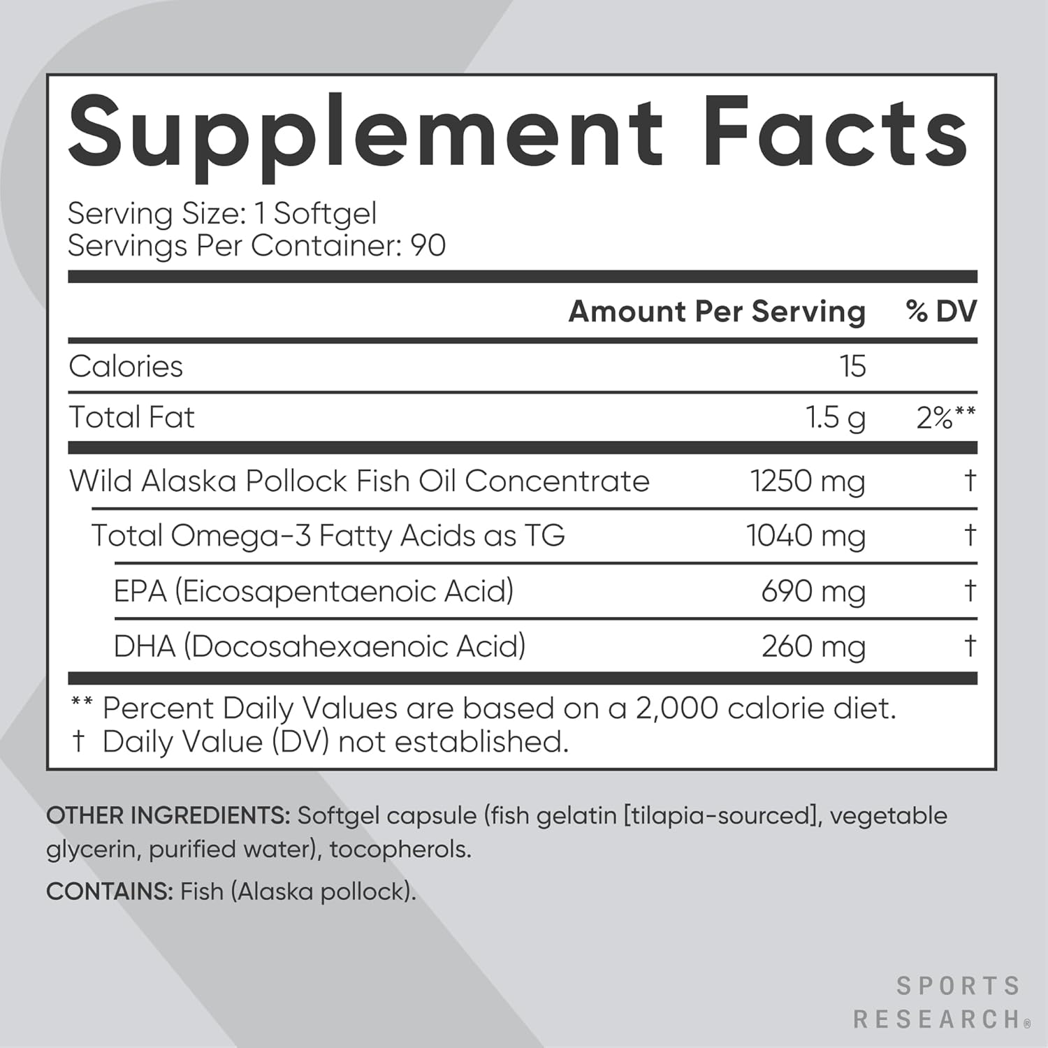 Sports ResearchÂ® Omega-3 Fish Oil 1250 - Triple Strength Fish Oil Supplement from Wild Alaska Pollock - MSC Certified Sustainable Â· Non-GMO Â· Soy Free - 90 Softgel Capsules