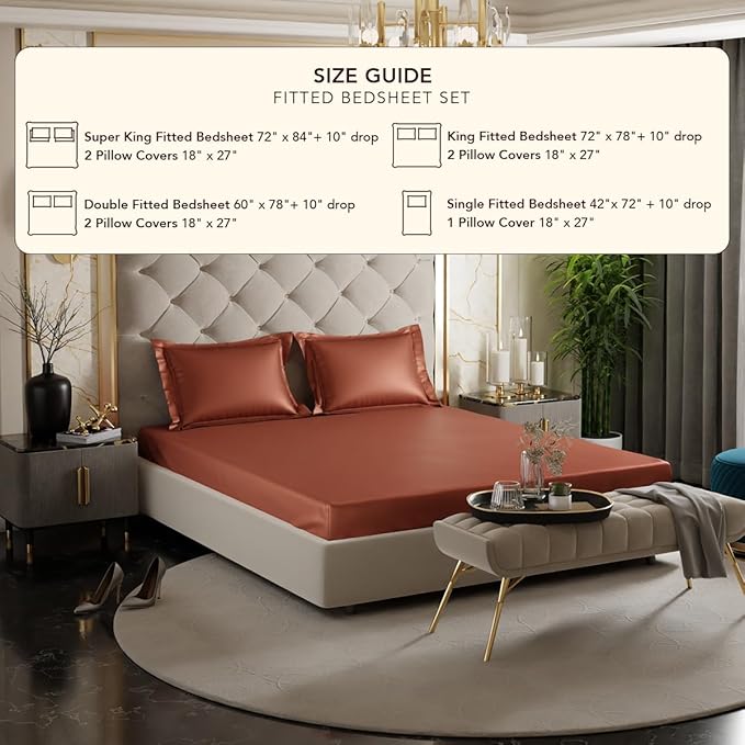 Stoa Paris Satin Elastic Fitted Bedsheets for Double Bed 300TC Premium 2 Pillow Covers Colour Melted Caramel