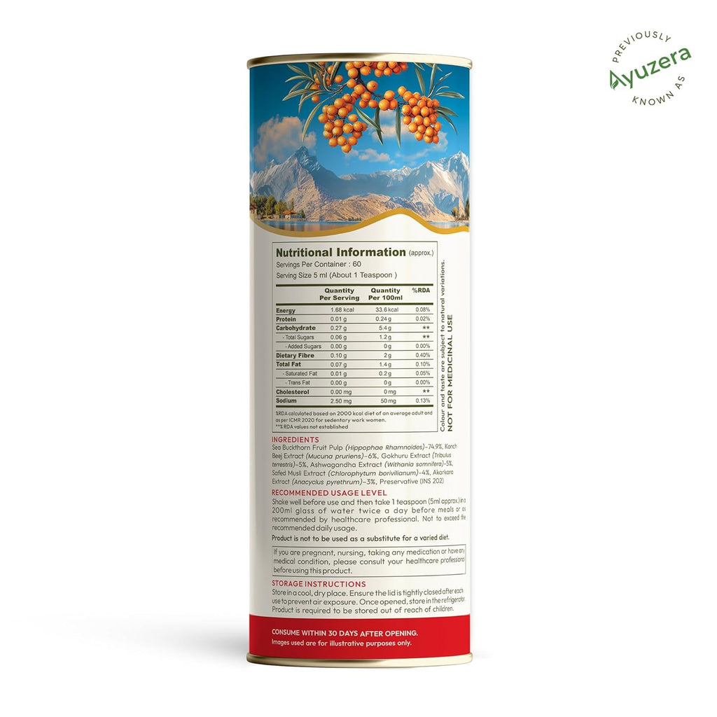 Wellwith (Ayuzera) PowerX 300ml Sea Buckthorn with Ashwagandha,Safed Musli, Gokhru & Akarkara | HimalayanSeabuckthorn Pulp Juice For Men (Pack of 1)