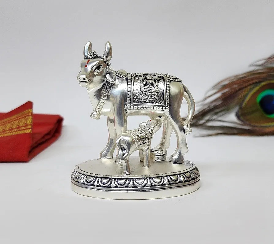 Gold Art India Kamdhenu Cow and Calf Idol Silver Matte Finish Decorative Murti 7.62 cm x 7.62 cm