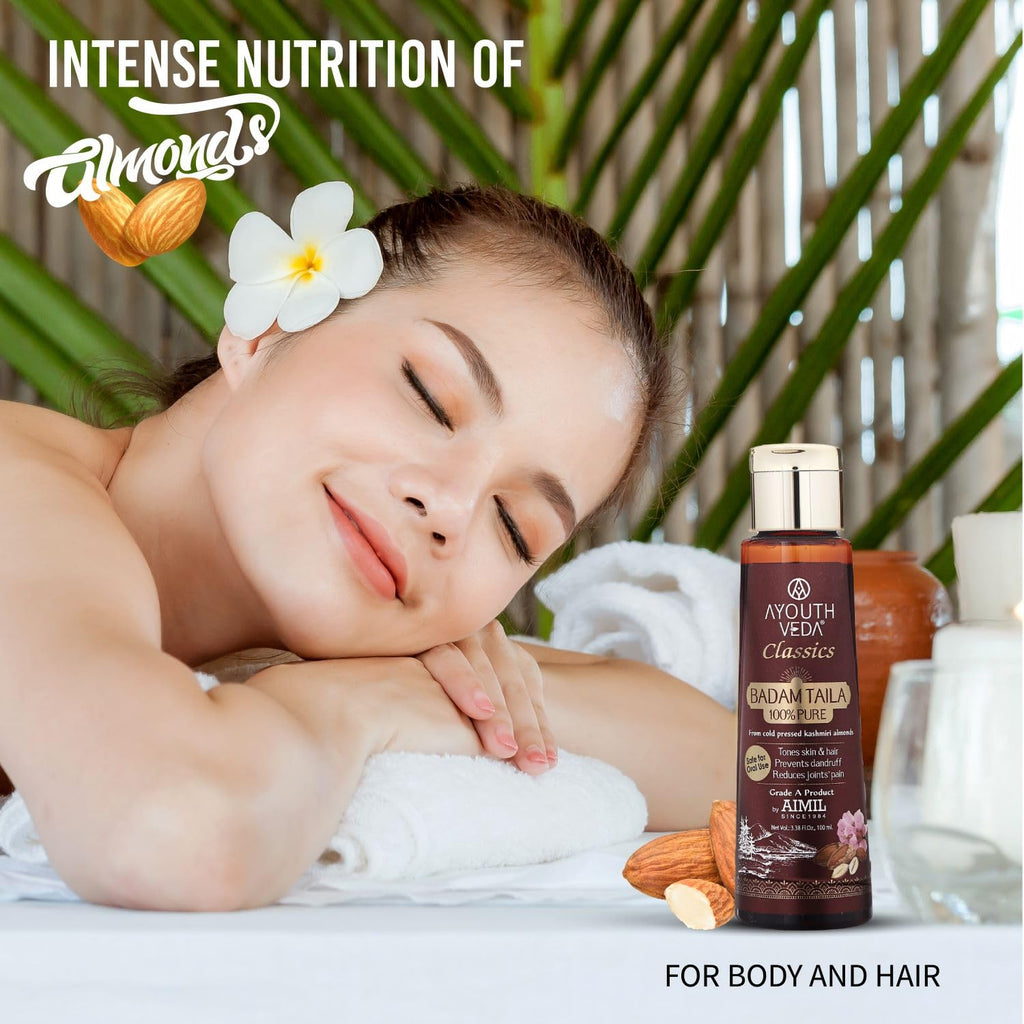 Ayouthveda Badam Taila | Pure & Natural Cold Pressed Kashmir Almond Oil | Massage Oil for Skin & Hair | Prevents Dandruff & Nourishes Hair & Scalp | Safe For Oral Use (Pack of 1, 100 ml)