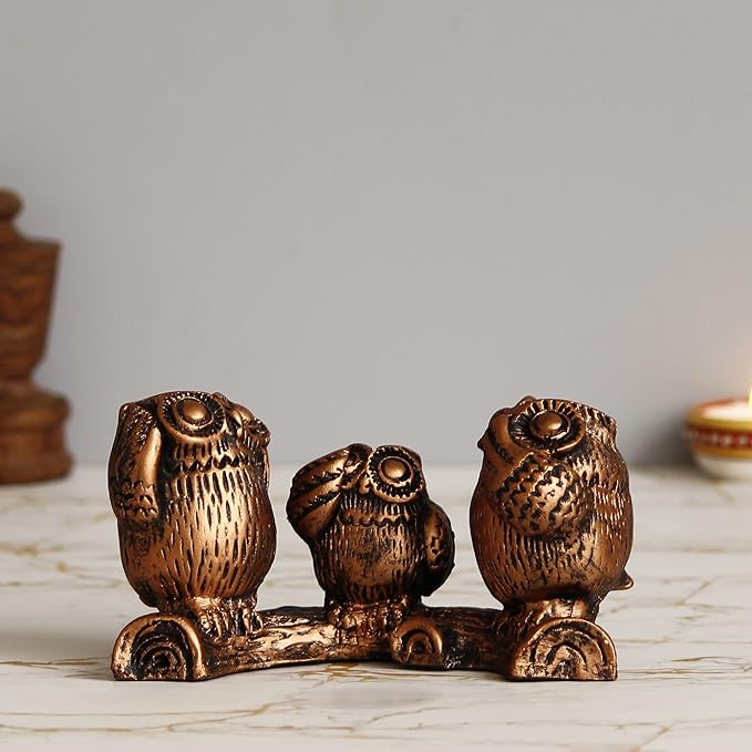 Ecraftindia Handcrafted Polyresin 3 Owl Statues Birds Sitting on Branch Figurine Decorative Showpiece