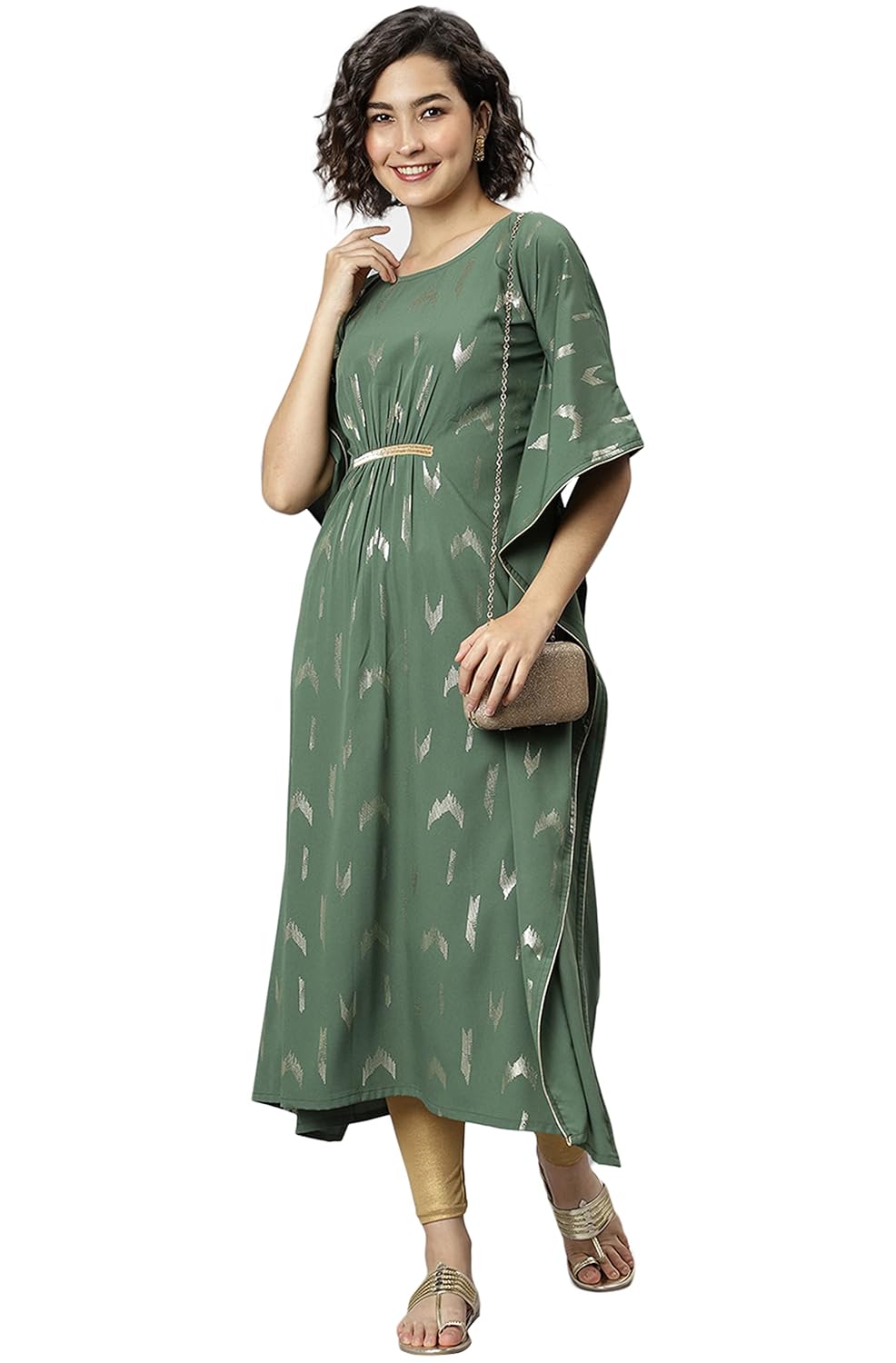 Janasya Women's Green Poly Crepe Geometric Print Kaftan Kurta