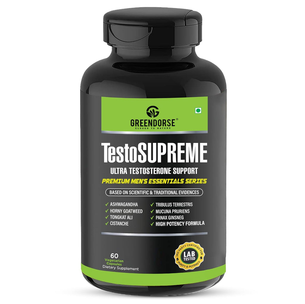 GREENDORSE TestoSUPREME Testosterone Supplement with Tongkat Ali, Ashwagandha, Cistanche, Horny Goatweed, Tribulus, Mucuna pruriens & Ginseng| Lab Tested Powerful Supplement for Men to Improve Performance, Muscle Strength, Stamina - 60 Veg Capsules