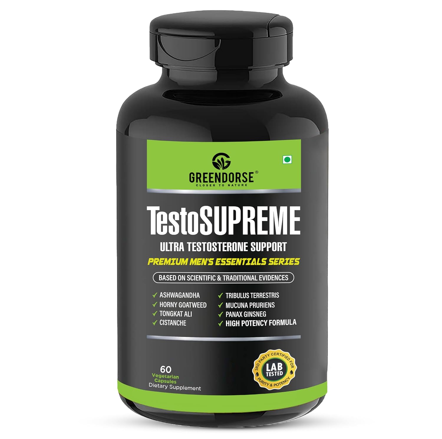 GREENDORSE TestoSUPREME Testosterone Supplement with Tongkat Ali, Ashwagandha, Cistanche, Horny Goatweed, Tribulus, Mucuna pruriens & Ginseng| Lab Tested Powerful Supplement for Men to Improve Performance, Muscle Strength, Stamina - 60 Veg Capsules