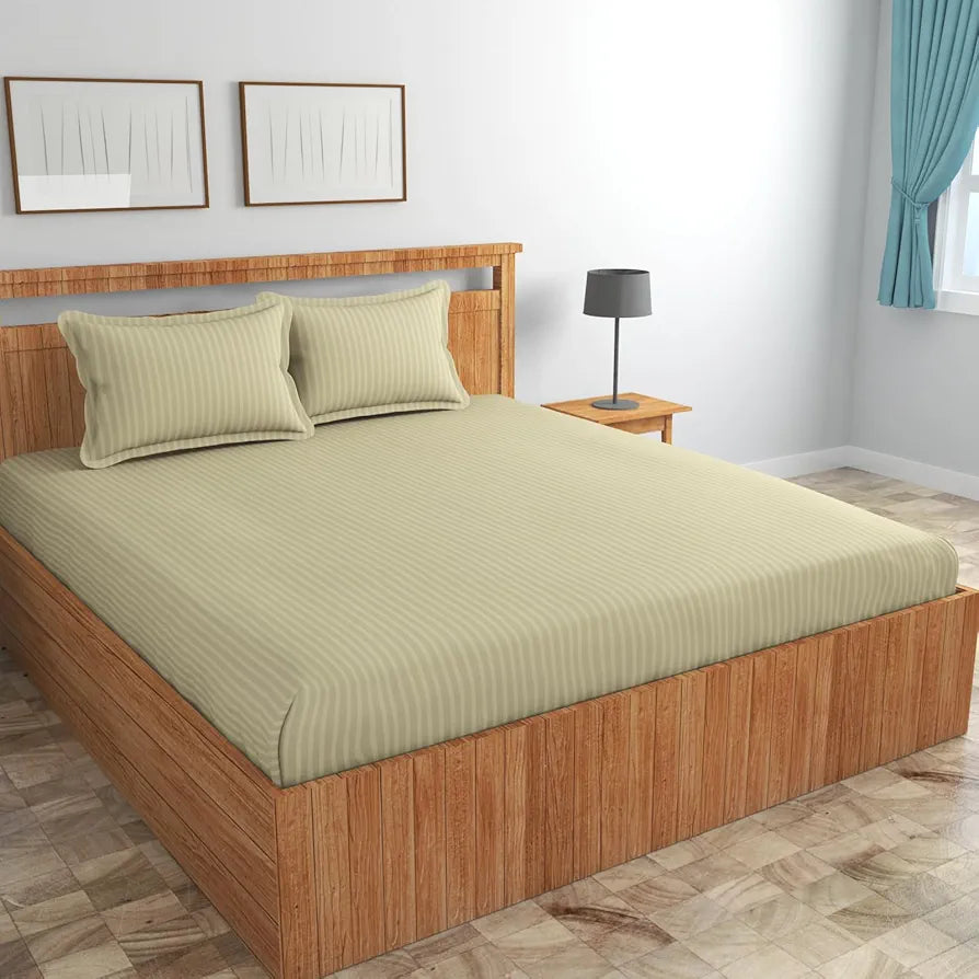 Homefab India 160 TC Stripe Cotton Feel Glace Cotton Elastic Fitted King Size Double Bed Bedsheet with 2 Pillow Covers Fits Upto 6 inches Mattress Ecru