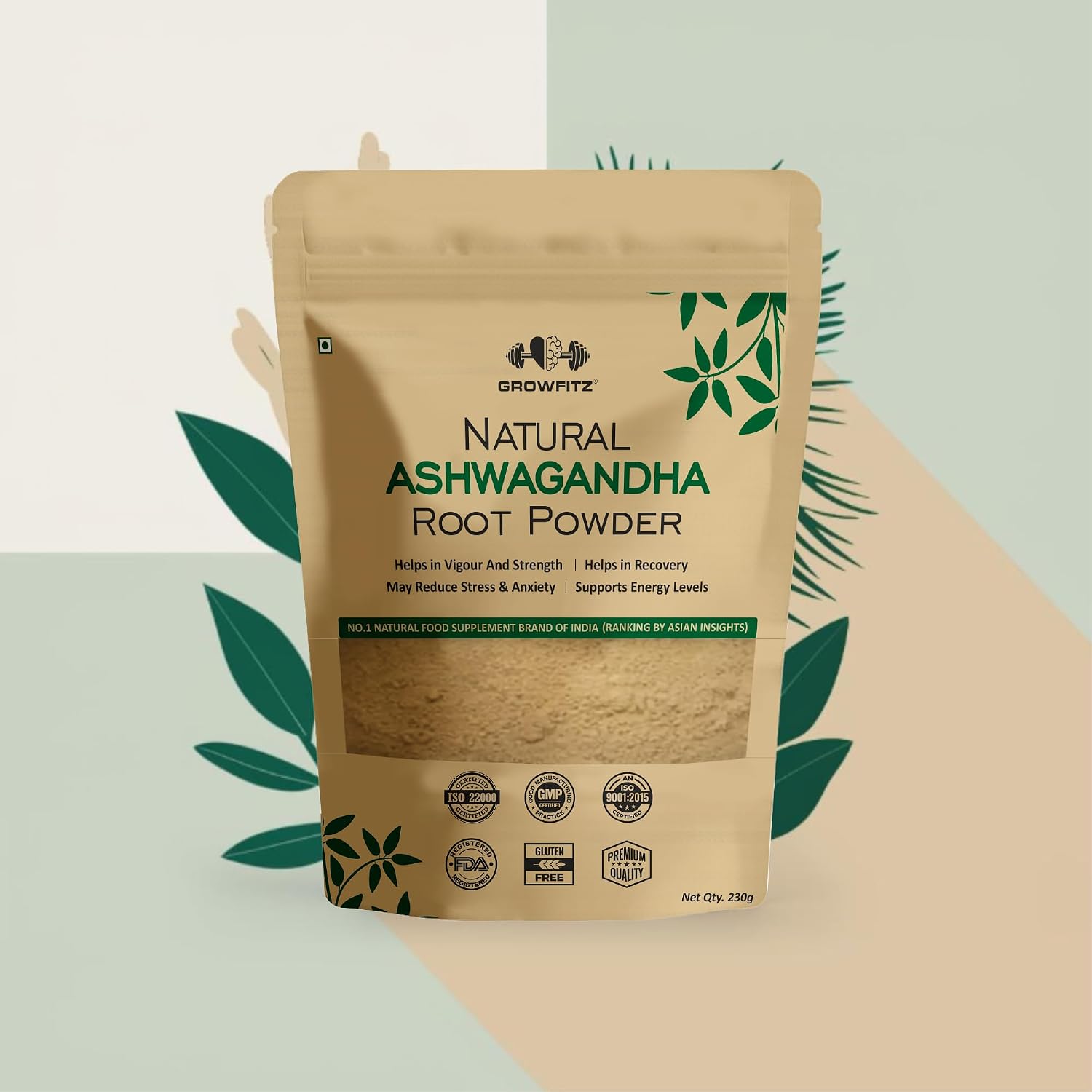 Growfitz 100% Organic Ashwagandha Powder 230g | Withania Somnifera | Energy Boost, Anxiety & Stress Relief, Height Improvement, Immunity System | ISO Certified | Vegan, Gluten-Free | Pack of 1