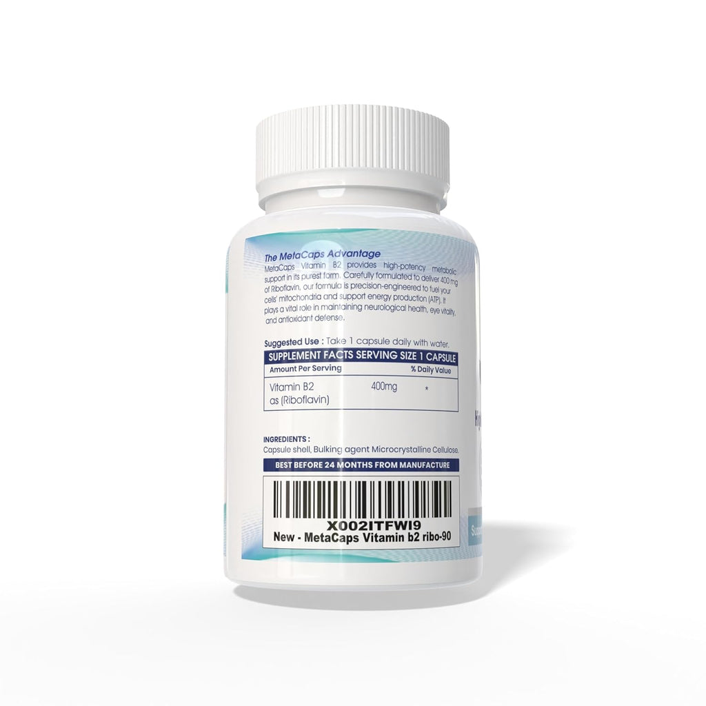 MetaCaps Vitamin B2 Riboflavin– 90 Veg Capsules | High-Potency Metabolic Spark for Energy & Mitochondrial Support | Promotes Neurological Health & Vision