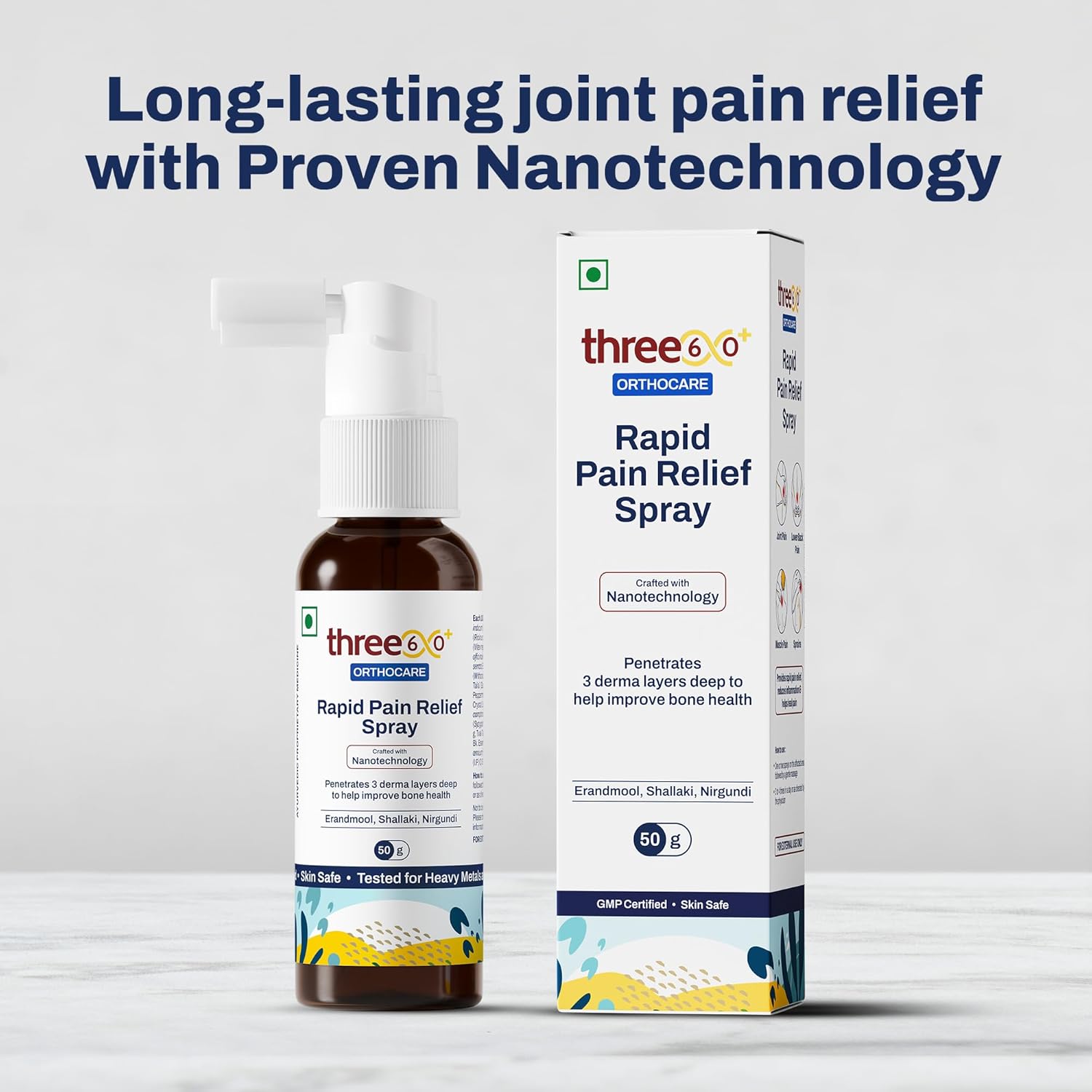 three60+ Rapid Pain Relief Spray | Fast Absorption & Long-Lasting Relief | Enriched with Erandmool, Shallaki, Wintergreen Oil & Nirgundi | Built with Advanced Nanotechnology