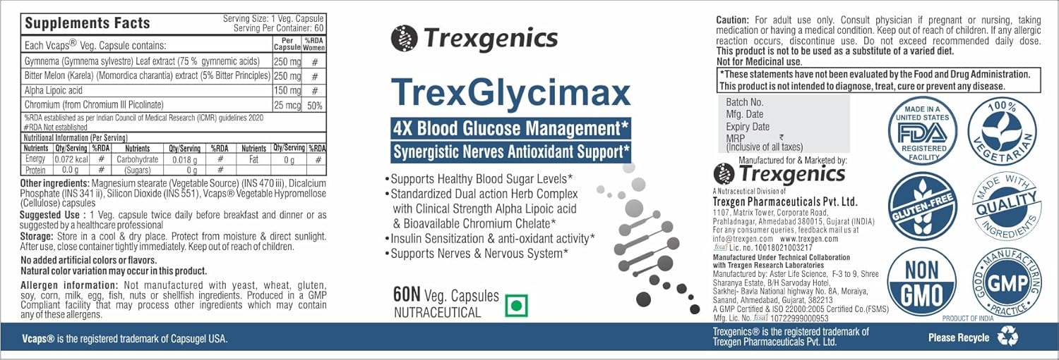 TrexgenicsÂ® TREXGLYCIMAX 4X Sugar level + Nerve Antioxidant Support with Gymnema Sylvestre 75% 250mg, Bitter Melon 5% 250mg, Alpha Lipoic acid 150mg & Chromium Picolinate (60 Veg. Capsules)