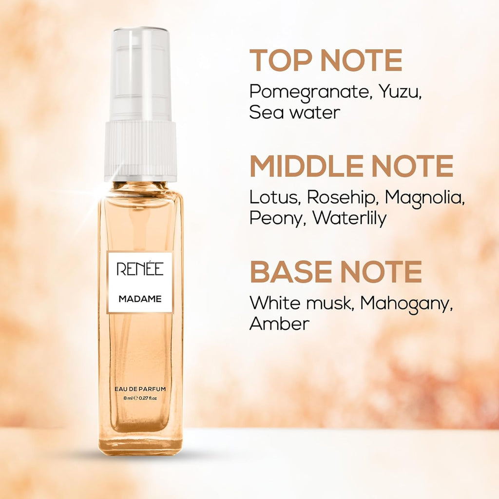 RENEE Madame Eau De Parfum 8ml - Premium Long-Lasting Fragrance with Notes of Pomegranate, Yuzu, Peony & Amber - Versatile Scent for All Occasions - Redefine Elegance & Sophistication