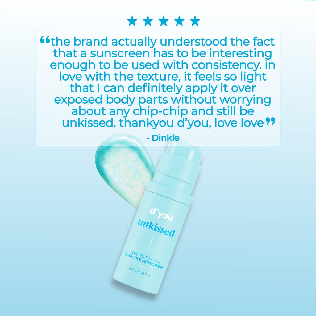 d'you unkissed Serum Sunscreen Broad Spectrum SPF 70+ & PA++++ No Whitecast Hydrating & Cooling 14 Soothing Plant Extracts 10ml
