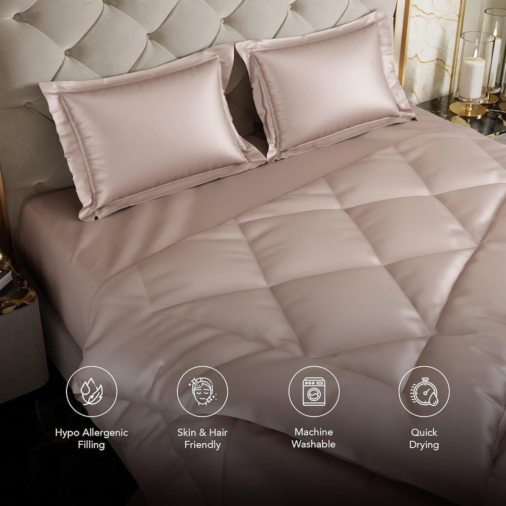 Stoa Paris Satin Bed in A Bag Collection with Double Comforter With 2 Pillow Covers Colour Champagne