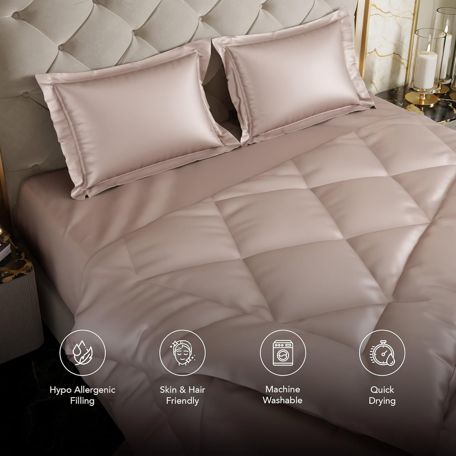 Stoa Paris Satin Bed in A Bag Collection with Double Comforter With 2 Pillow Covers Colour Champagne