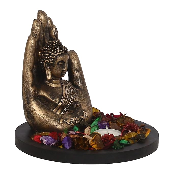 Ecraftindia Copper Finish Handcrafted Palm Buddha Decorative Showpiece With Wooden Base | Fragranced Petals and Tealight