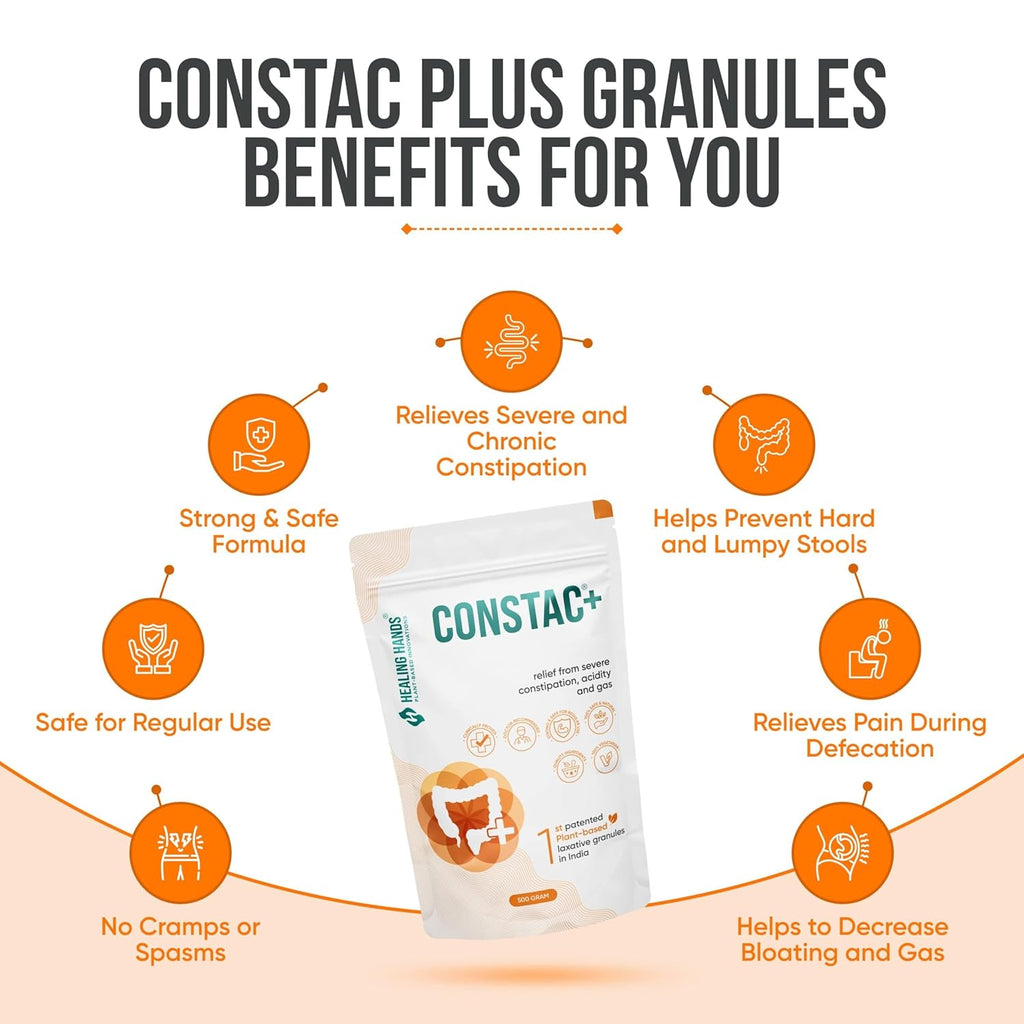 Healing Hands Constac Plus for Relief in Severe Constipation, Acidity and Gas, Plant Based Natural Constipation Solution, Clinically Proven, Herbal, Strong â€“ 500 gm (Granules)