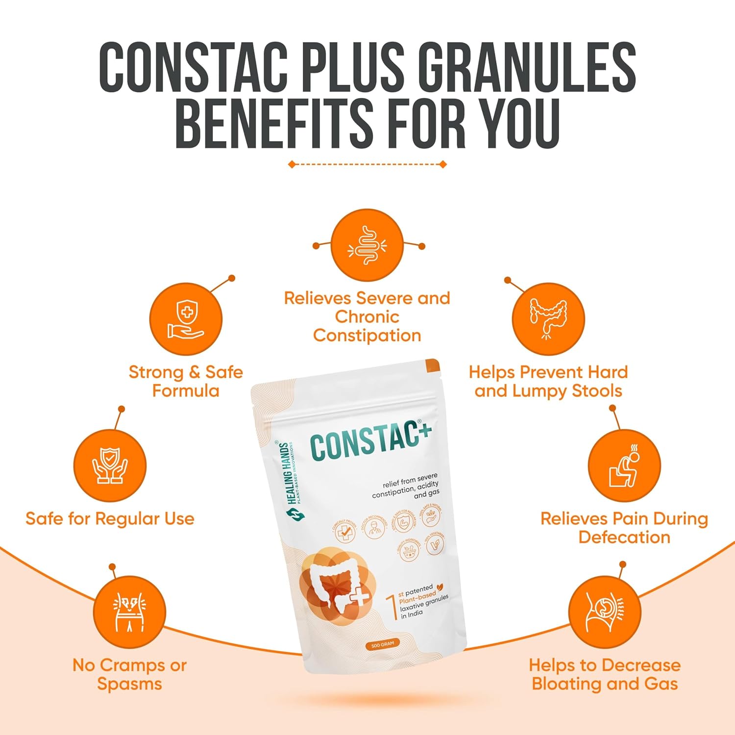 Healing Hands Constac Plus for Relief in Severe Constipation, Acidity and Gas, Plant Based Natural Constipation Solution, Clinically Proven, Herbal, Strong â€“ 500 gm (Granules)