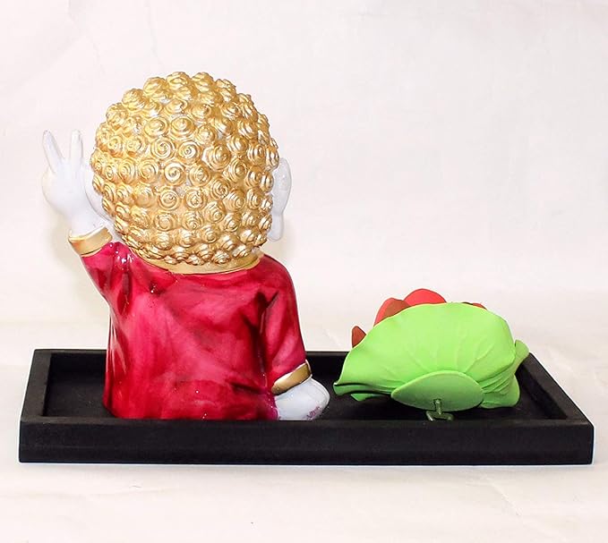Tied Ribbons Buddha Monk Statue Showpiece with Flower and Wooden Tray Decorations Items