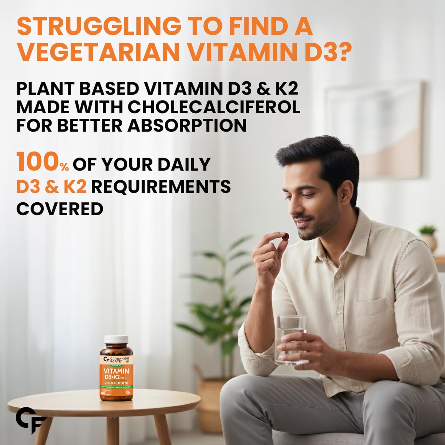 Carbamide Forte Vitamin D3 K2 Supplement | Vitamin K2 MK7 To Support Bone & Heart Health | Veg D3 - Lichen - 60 Tablets