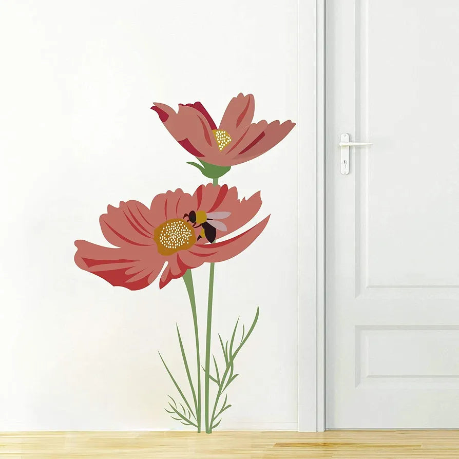 Rawpockets Pvc Vinyl Botanical Honey Bee On Red Flower Wall Reusable Self-Adhesive Sticker