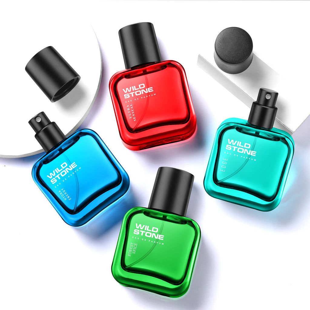 Wild Stone Edge, Forest Spice, Hydra Energy and Ultra Sensual Perfume Combo for Men, Long Lasting Smell | Pack of 4 (30ml each)