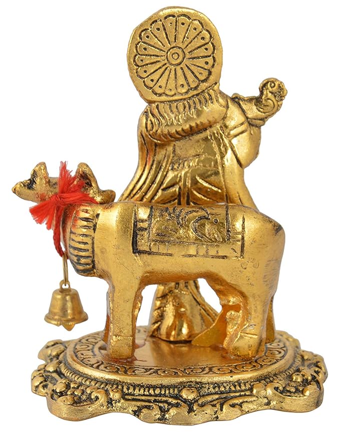 Prince Home Decor & Gifts Metal Kamdhenu Cow with Krishna Statue Colour Gold