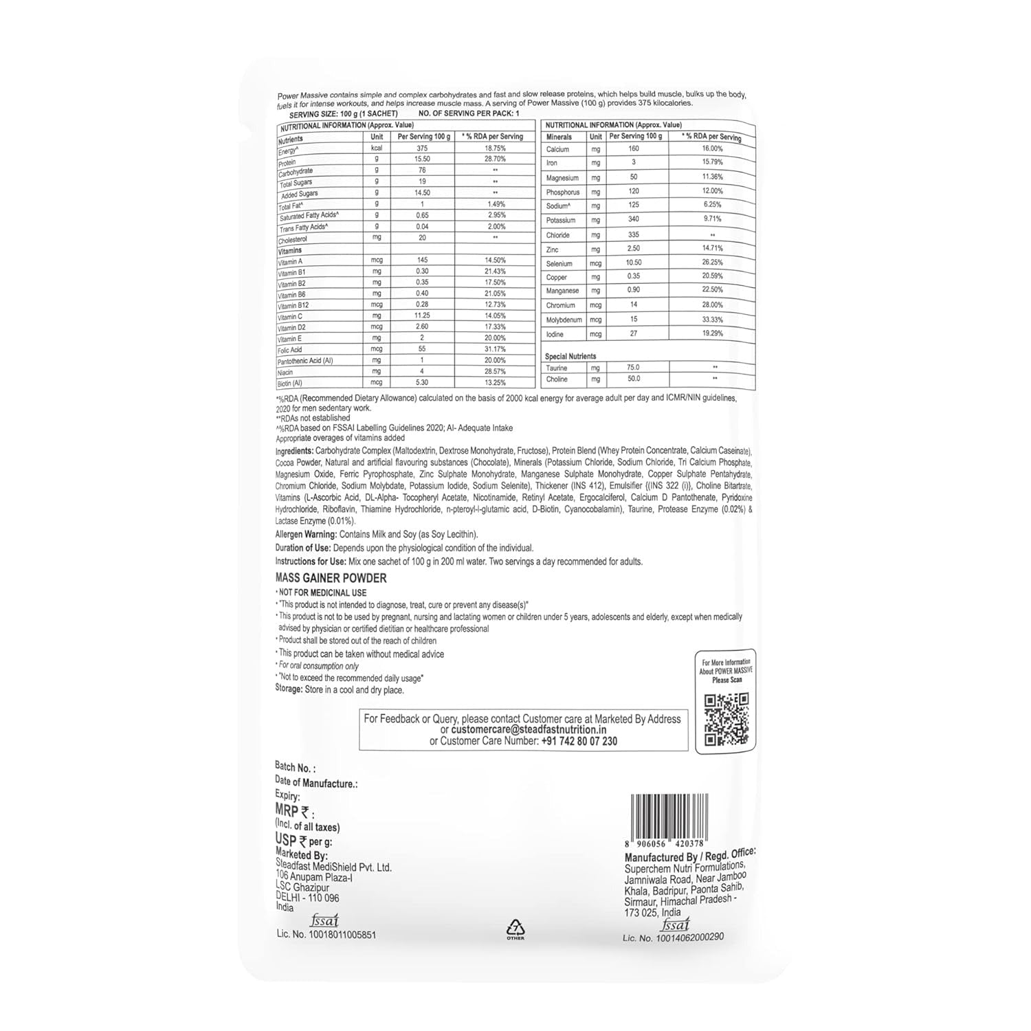 Steadfast Nutrition Power Massive - 100 Gms Each (30 Sachets)