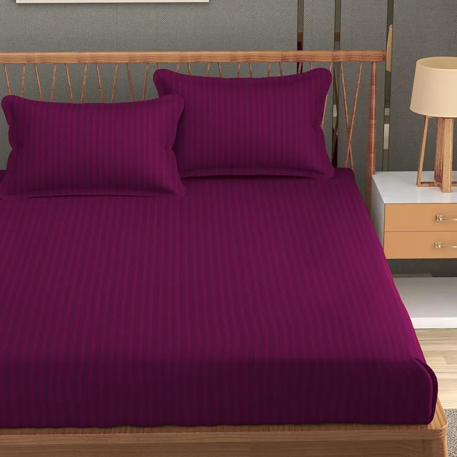 Homefab India 160 TC Stripe Glace Cotton Double BedSheet with 2 Pillow Covers Dark Pink