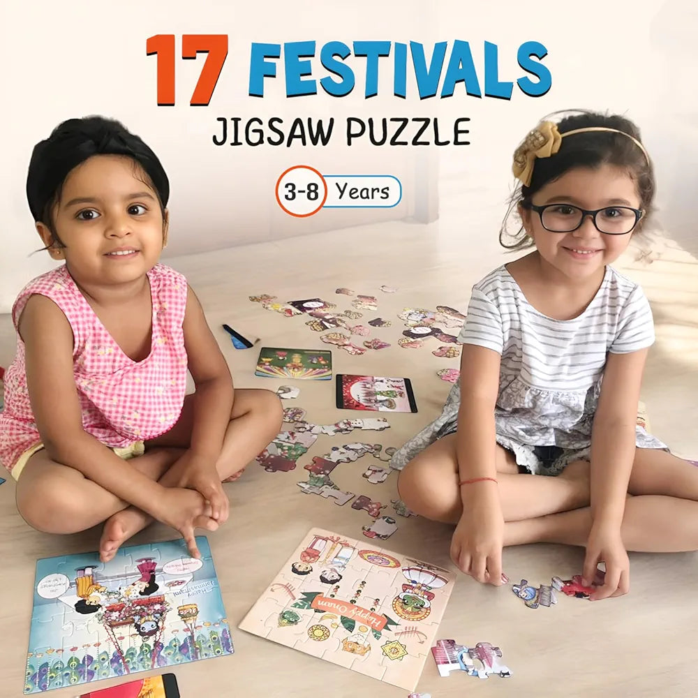 Playqid Festivals of India Puzzle for Toddlers and Children Step-by-Step Jigsaw 17 Growing Puzzles with Flashcards Educational Montessori Gifts for Kids