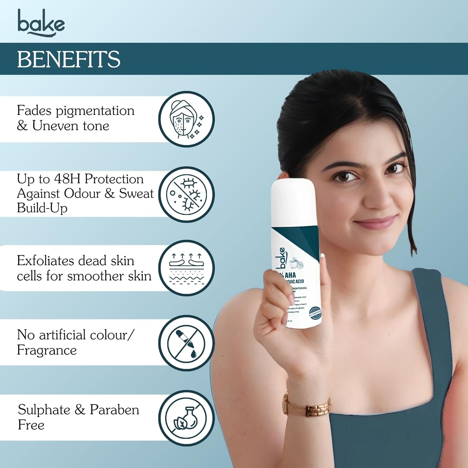 BAKE BrightEraseâ„¢ Underarm Brightening Roll On Serum with 6% AHA Complex, 2% Kojic Acid, 3% Niacinamide | Reduces Pigmentation, Dark Spots, Odour & Sweat | Brightening & Exfoliating Serum for Dark Underarms - 50ml